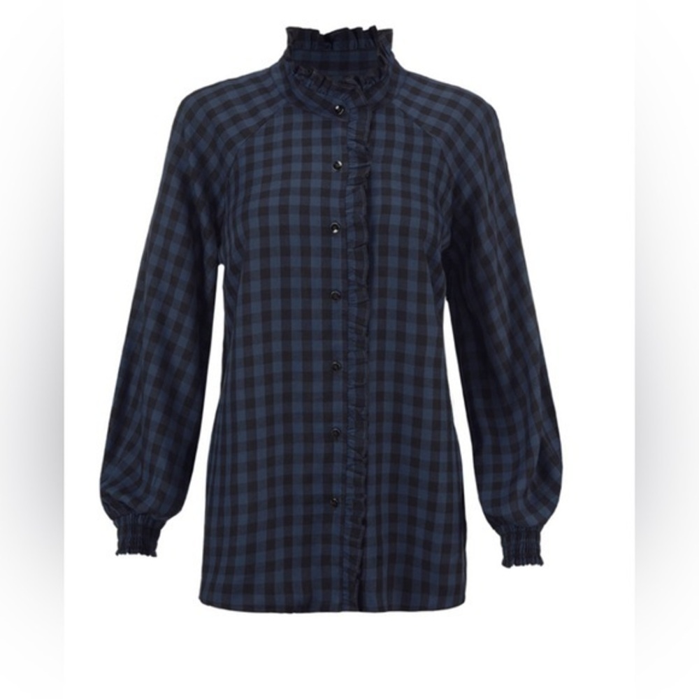 CAbi ABERDEEN Navy Checkered Blouse with Ruffle Collar